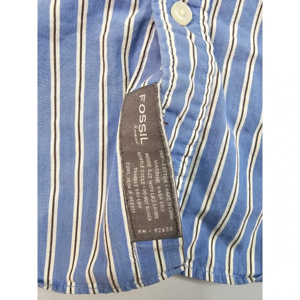 Fossil Brand Mens Small Classic Casual Blue White Striped Button Up Dress Shirt
